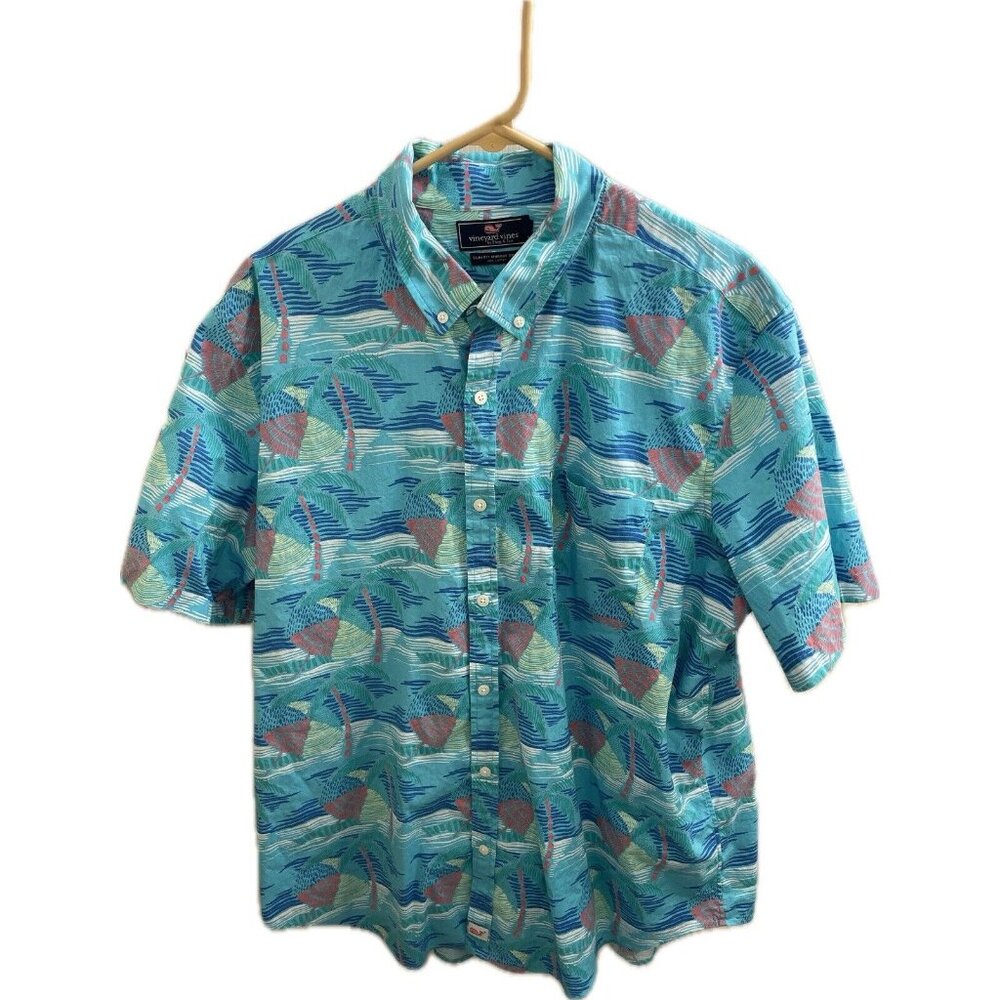 Vineyard Vines Mens Hawaiian Shirt 2xl Blue Slim Fit Murray Palm Trees Beach